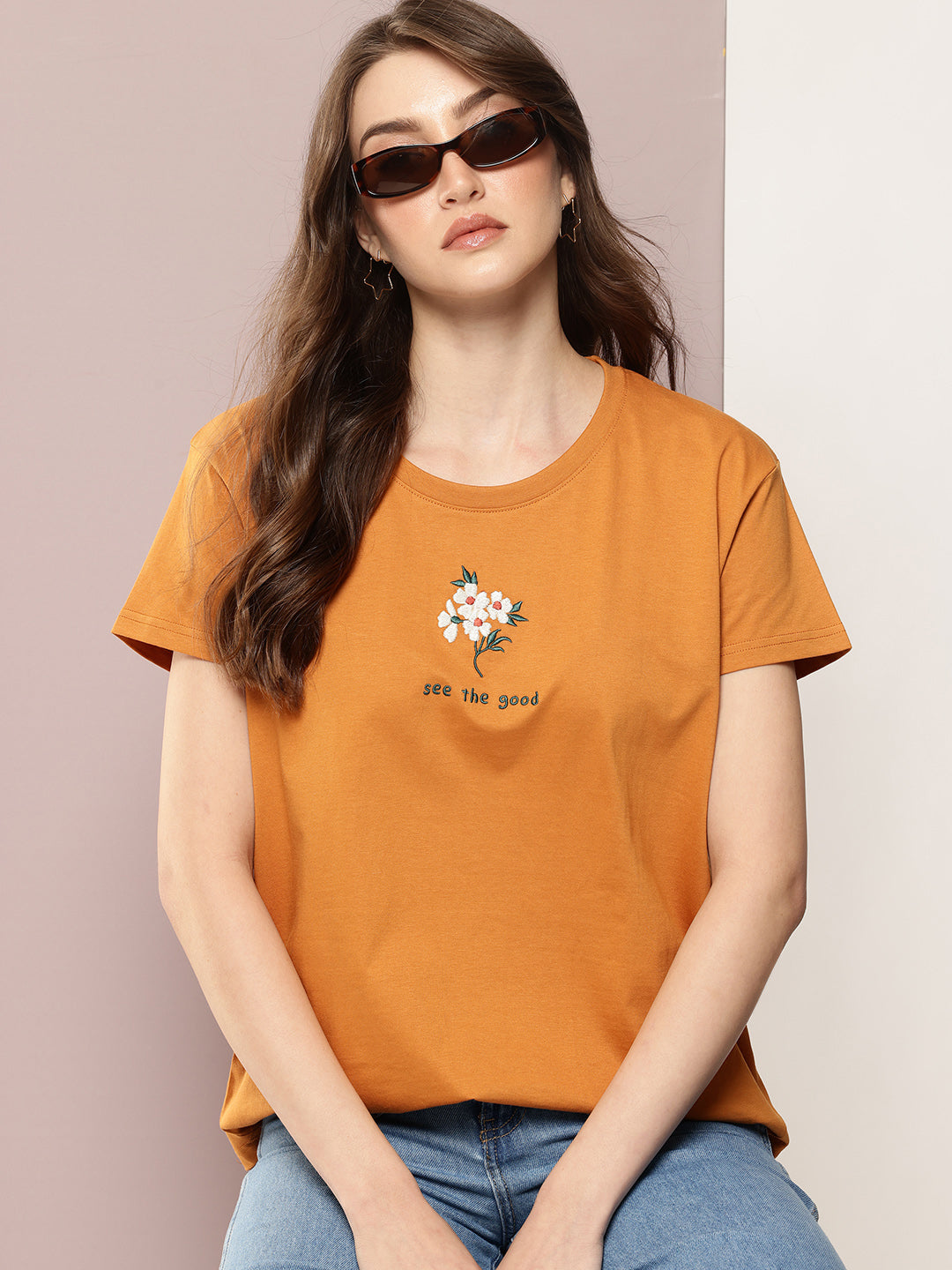 Womens Half Sleeve Round Neck Embroidered Boxy Fit Tshirts