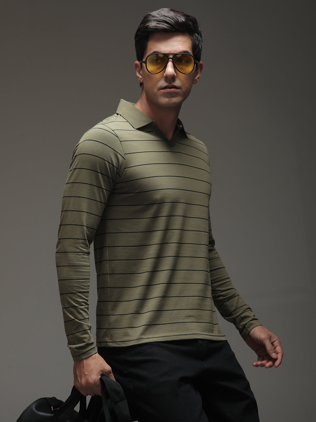 Mens Full Sleeve Polo Neck Striped Regular Fit Tshirts
