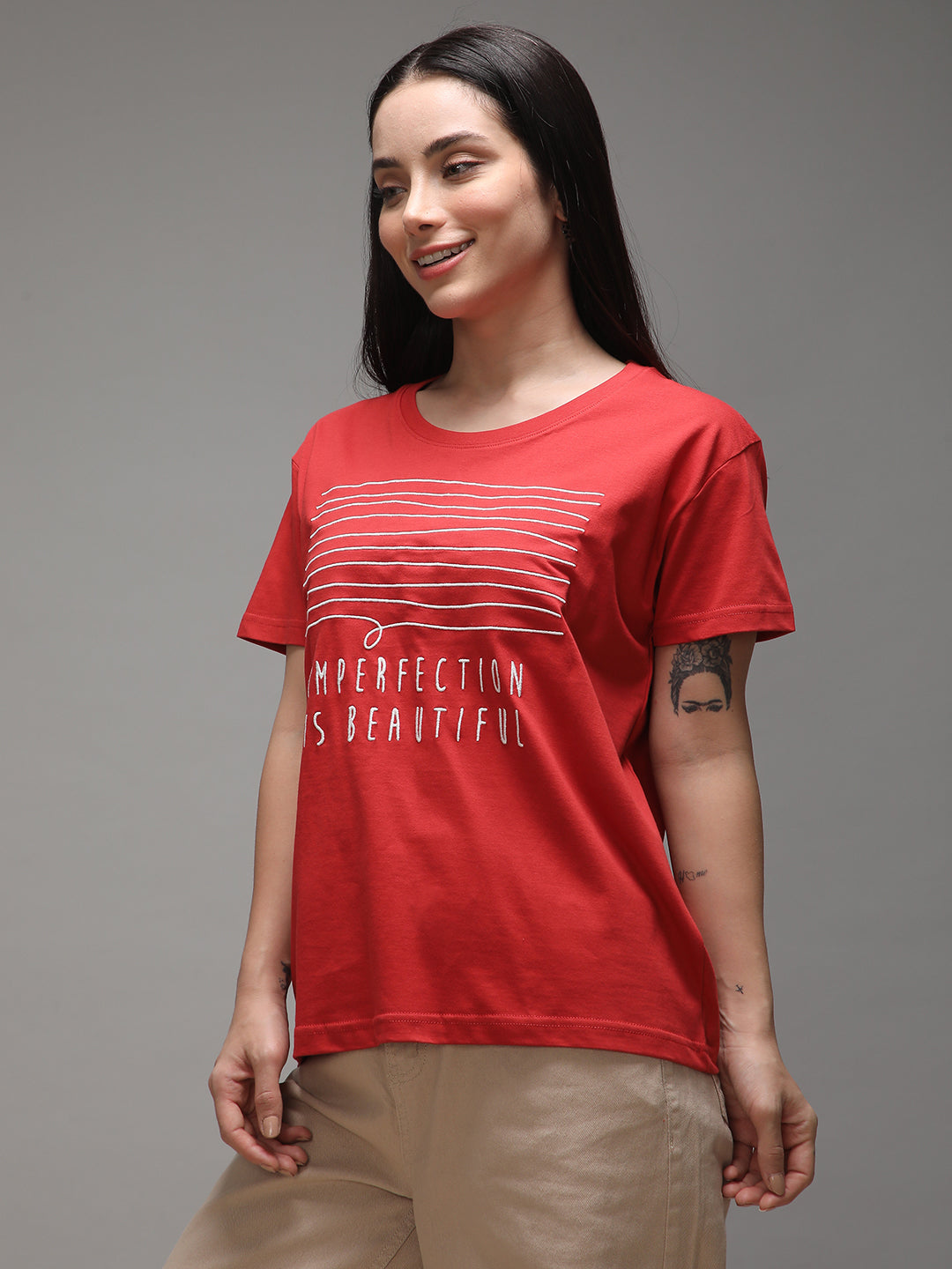 Womens Half Sleeve Round Neck Embroidery Boxy Fit Tshirts