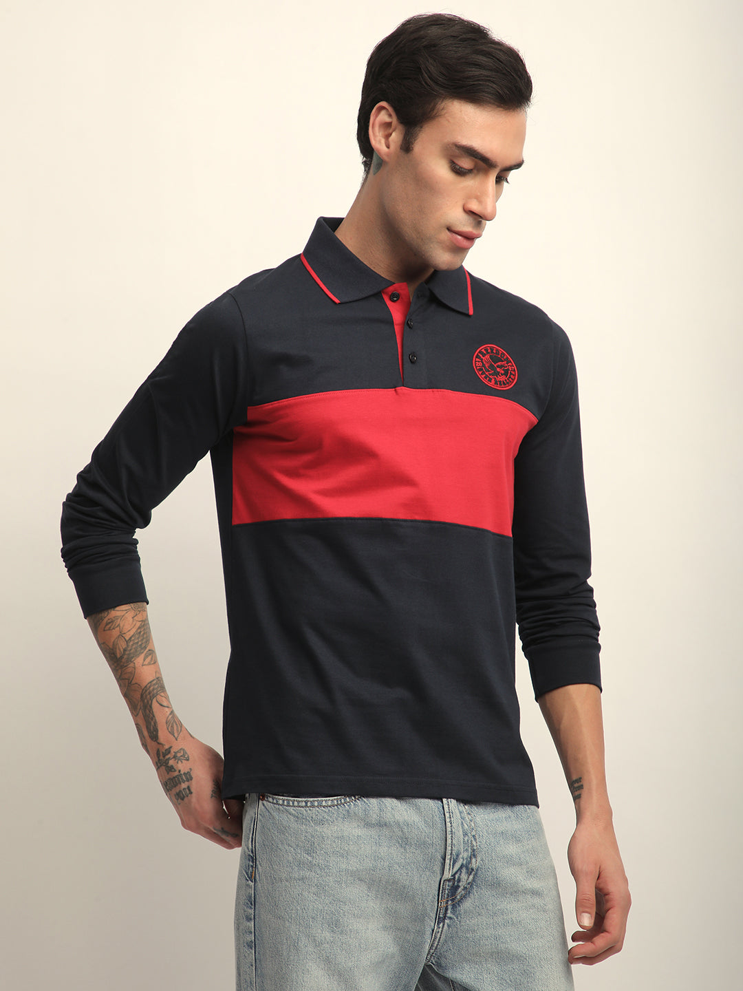 Mens Full Sleeve Polo Neck Self Design Regular Fit Tshirts