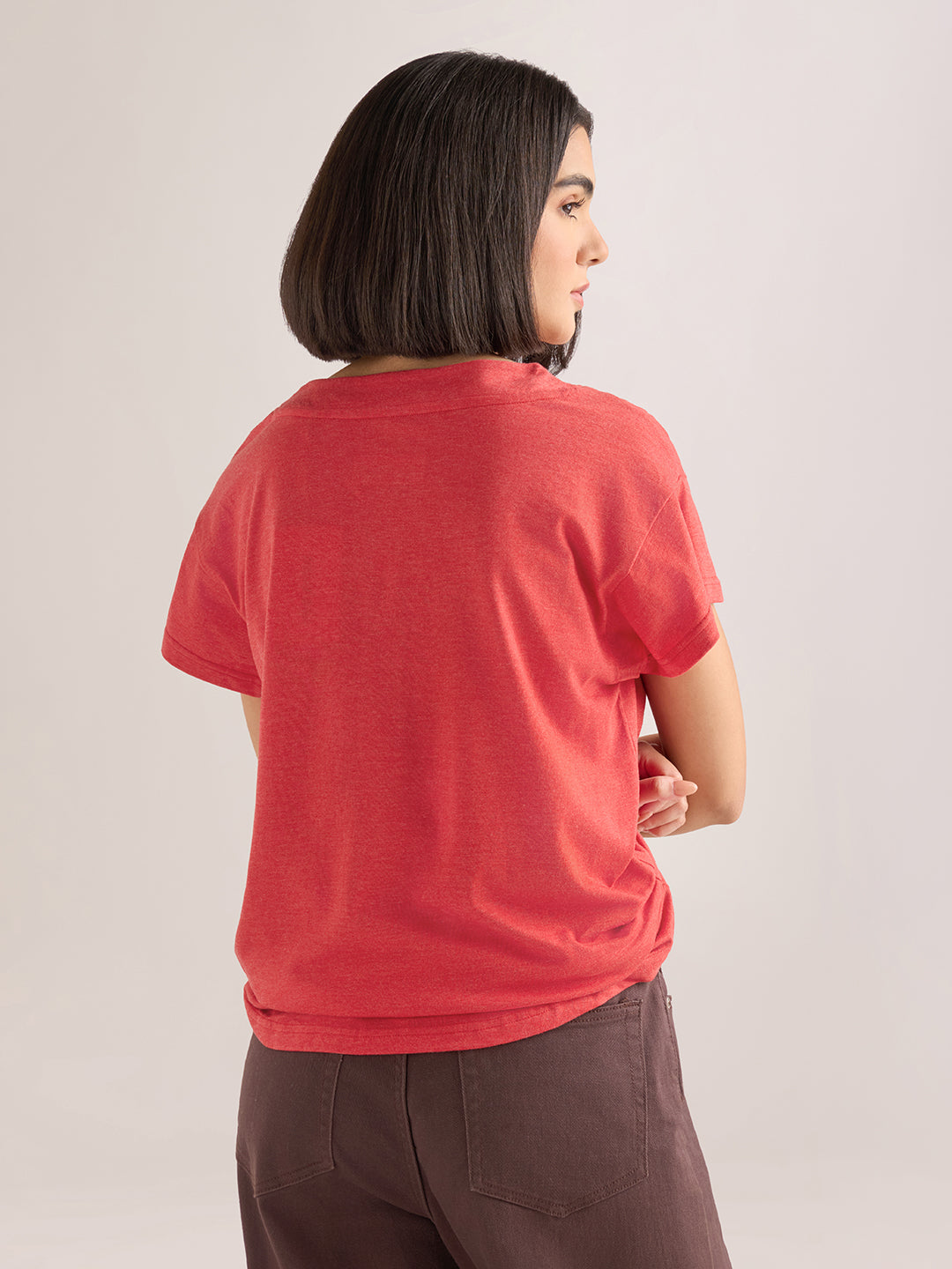 Womens Solid Regular Fit Poly Cotton  V-Neck Tshirt