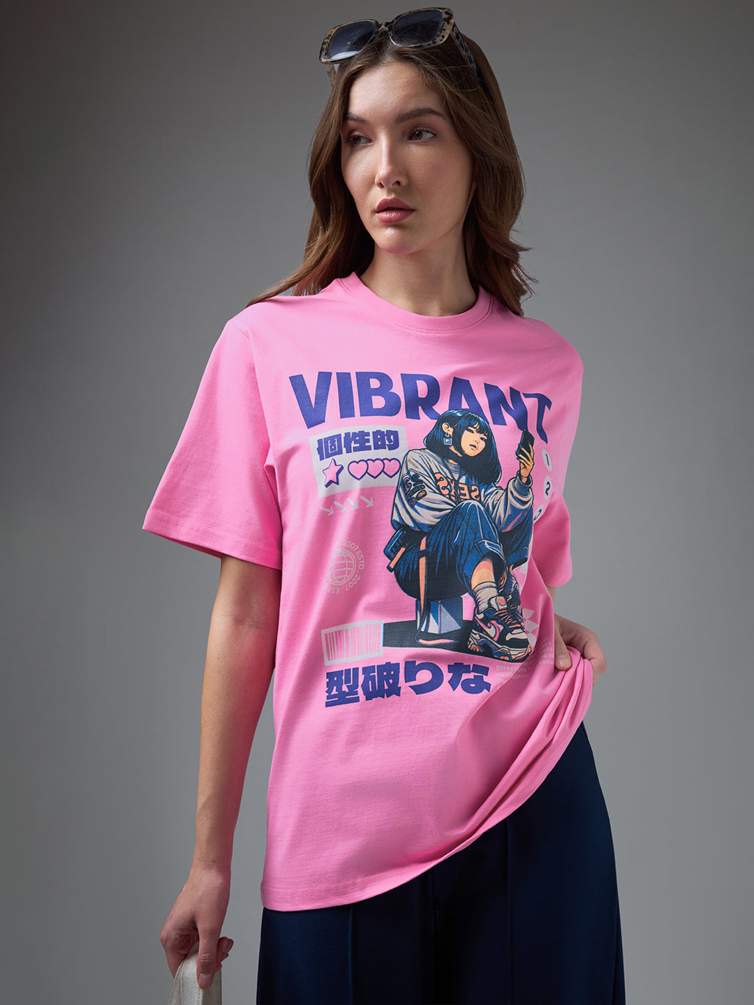 Womens Printed Round Neck Oversized Fit Tshirt