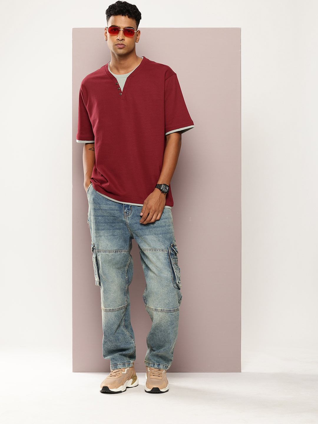 Mens Half Sleeve V-Neck Solid Oversized Fit Tshirts