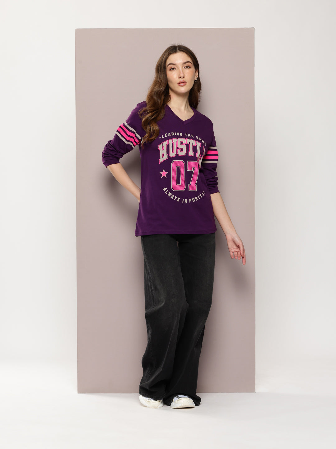 Womens Full Sleeve Round Neck Printed Oversized Fit Tshirts