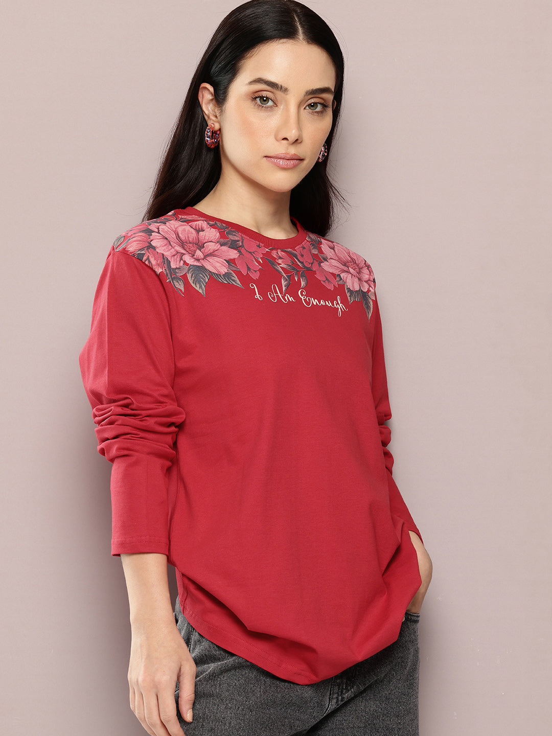 Womens Full Sleeve Round Neck Printed Oversized Fit Tshirts