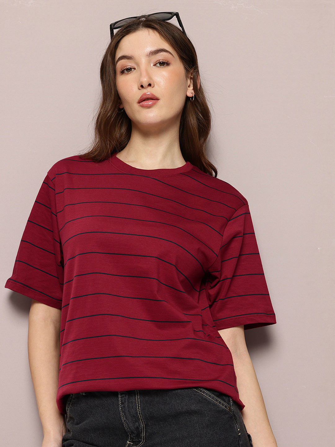 Womens Half Sleeve Round Neck Striped Oversized Fit Tshirts
