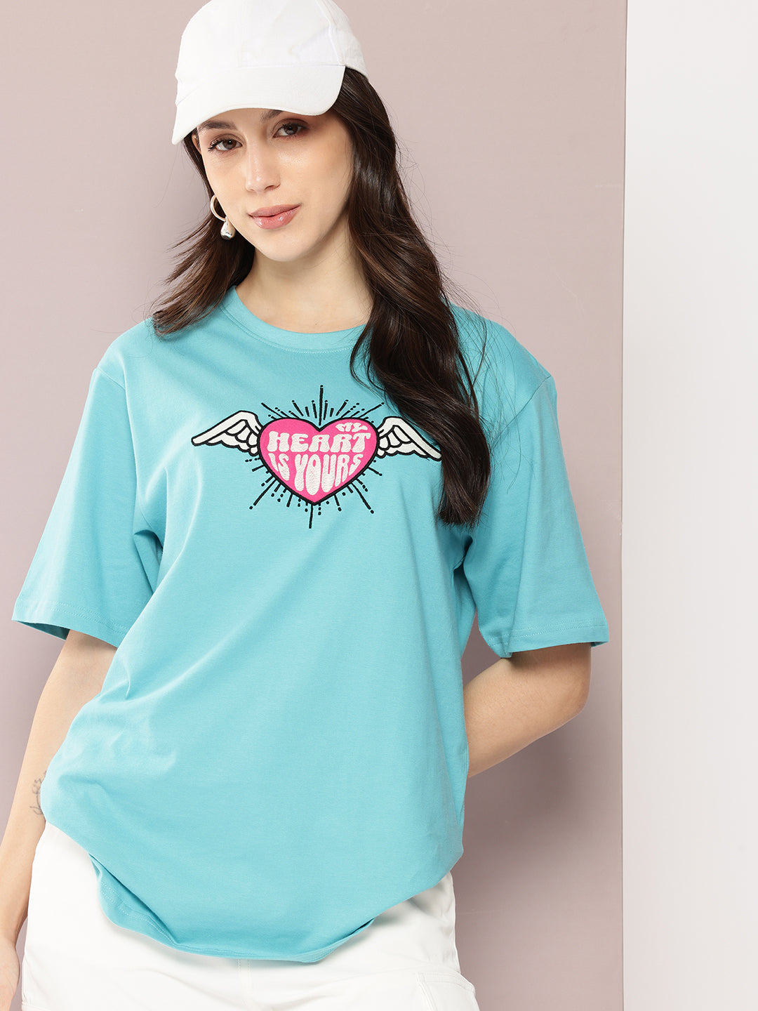 Womens Half Sleeve Round Neck Embroidered Oversized Fit Tshirts