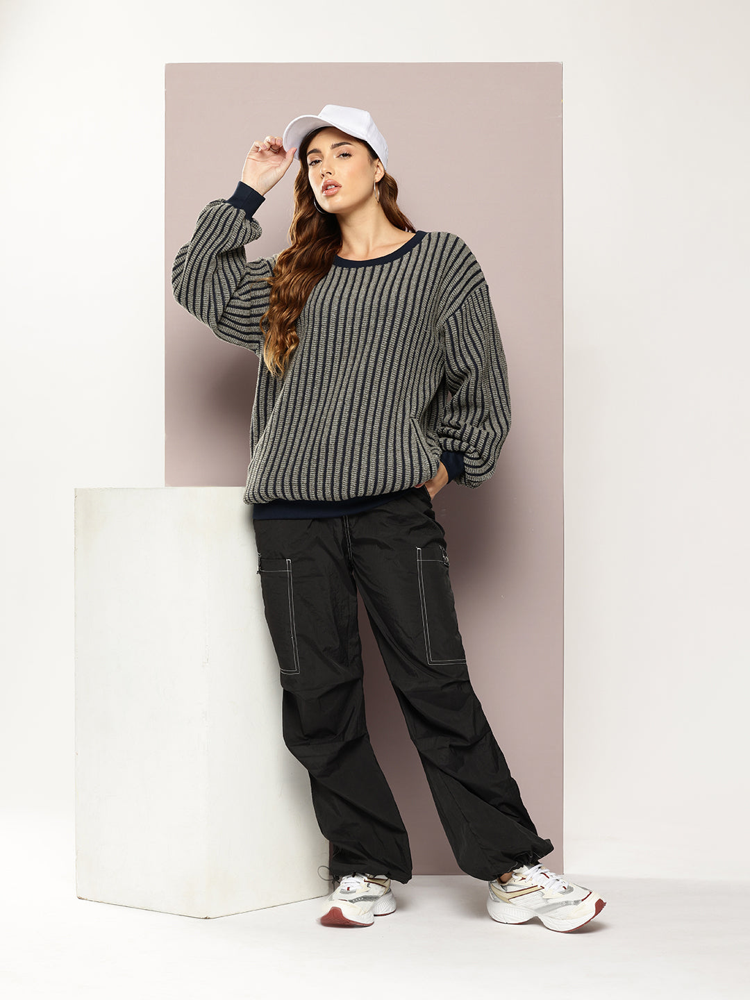 Women Long Sleeve Oversized Striped Sweatshirt