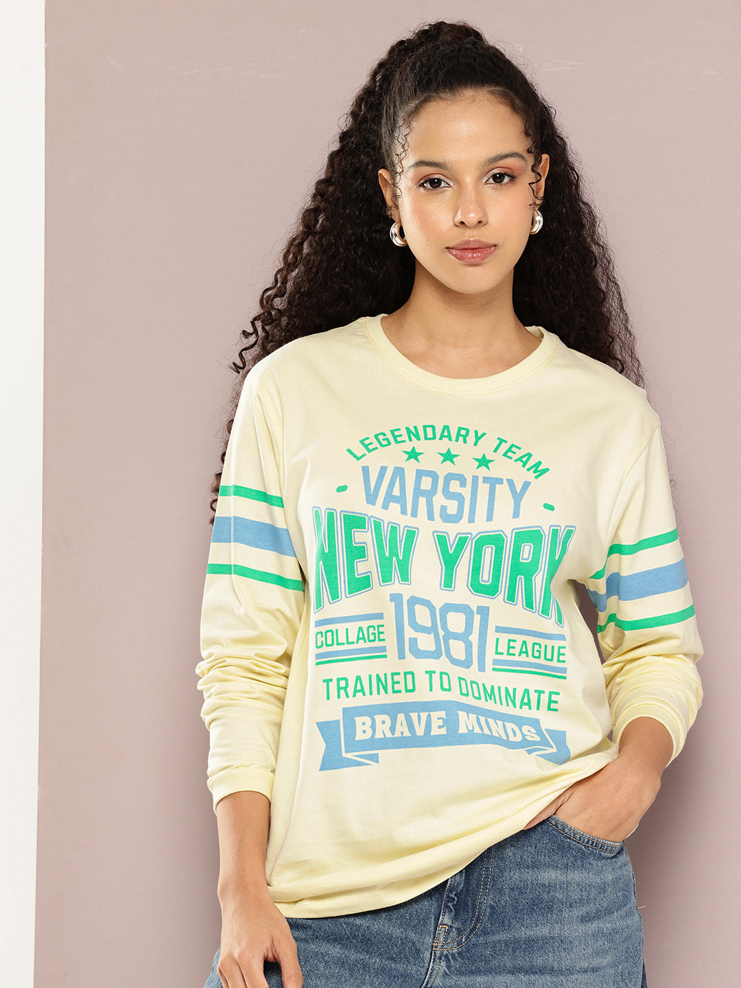 Womens Full Sleeve Round Neck Printed Oversized Fit Tshirts