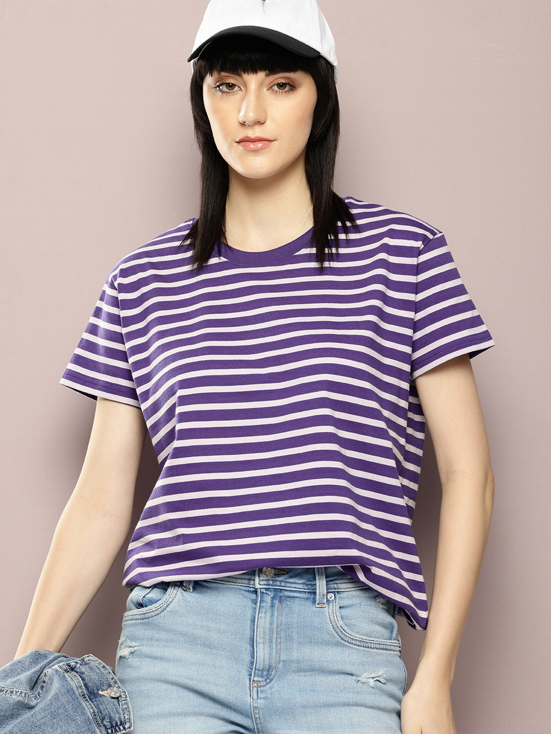 Womens Half Sleeve Round Neck Striped Boxy Fit Tshirts
