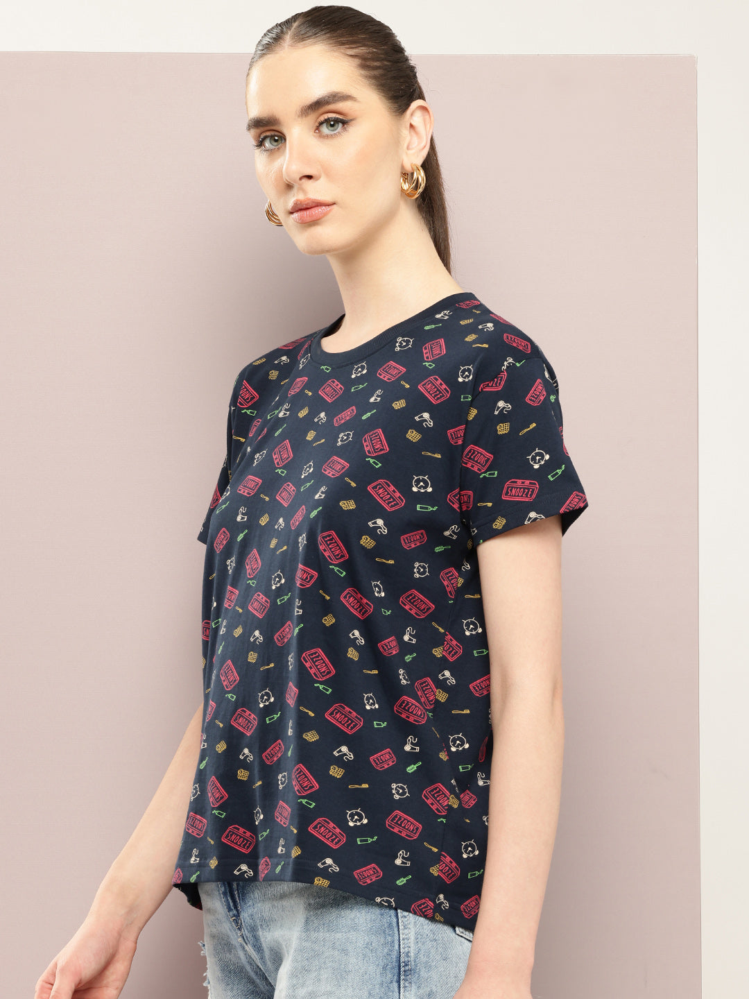 Womens Half Sleeve Round Neck All-Over Printed Boxy Fit Tshirts