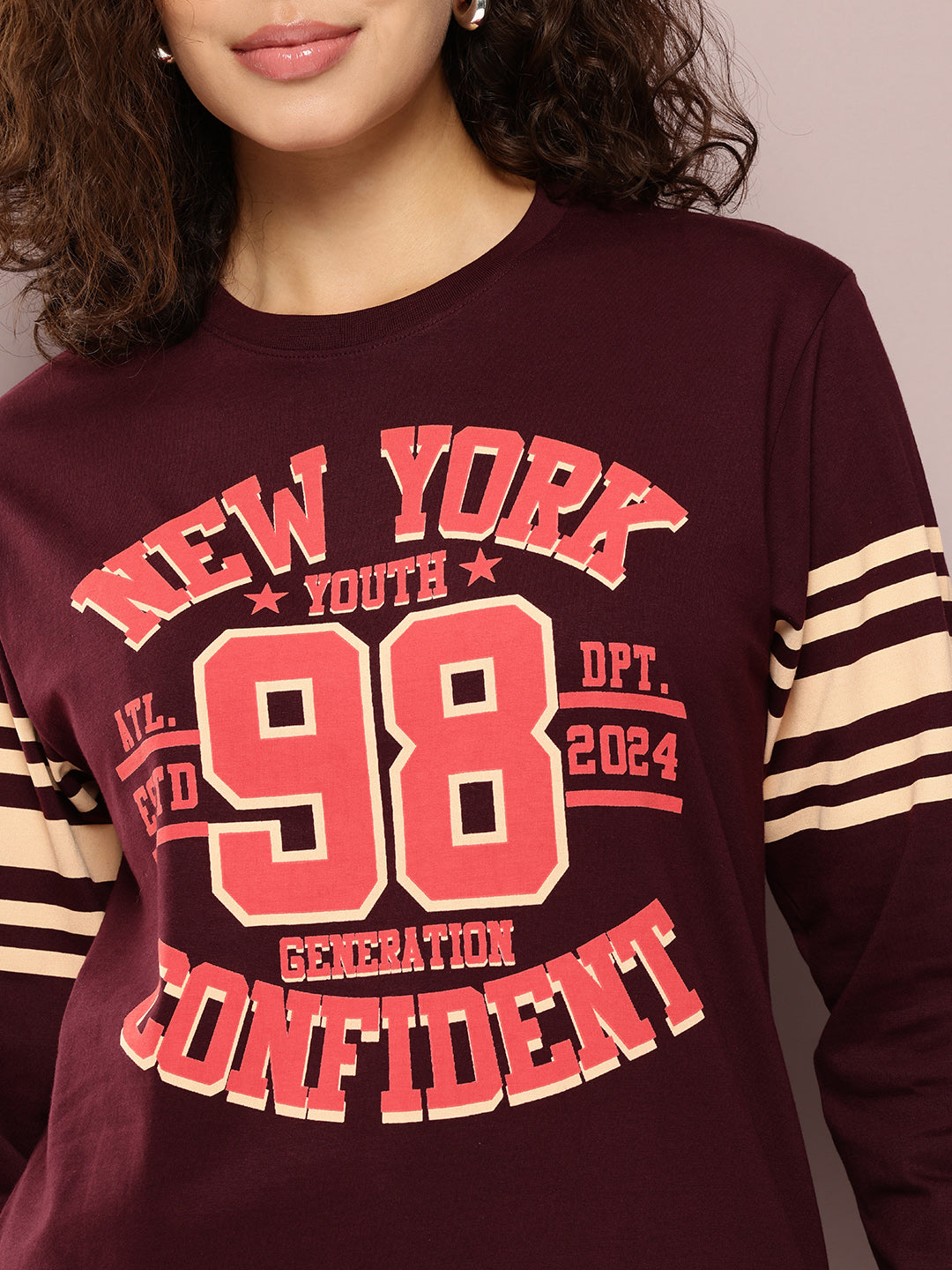 Womens Full Sleeve Round Neck Printed Oversized Fit Tshirts