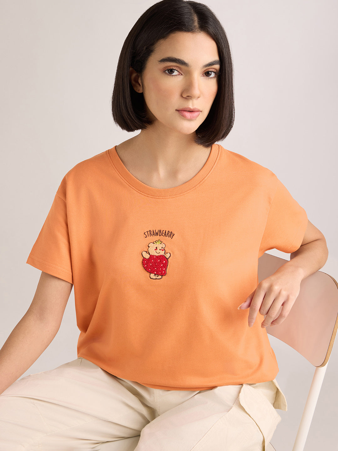 Womens Embroidery Boxy Regular Fit French Terry Cotton Tshirt