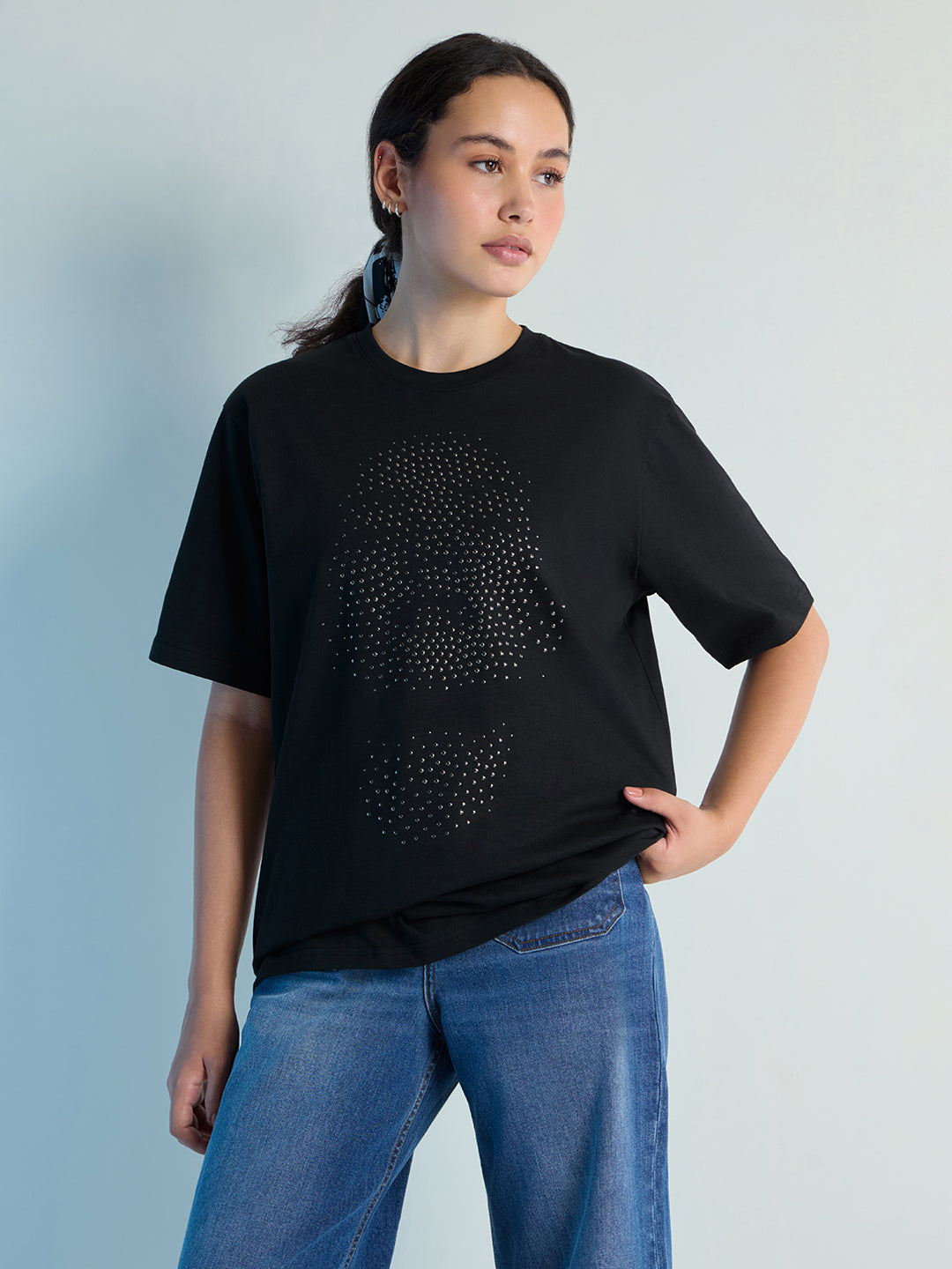 Womens Stud Detailed Oversized Round Neck Tshirt 