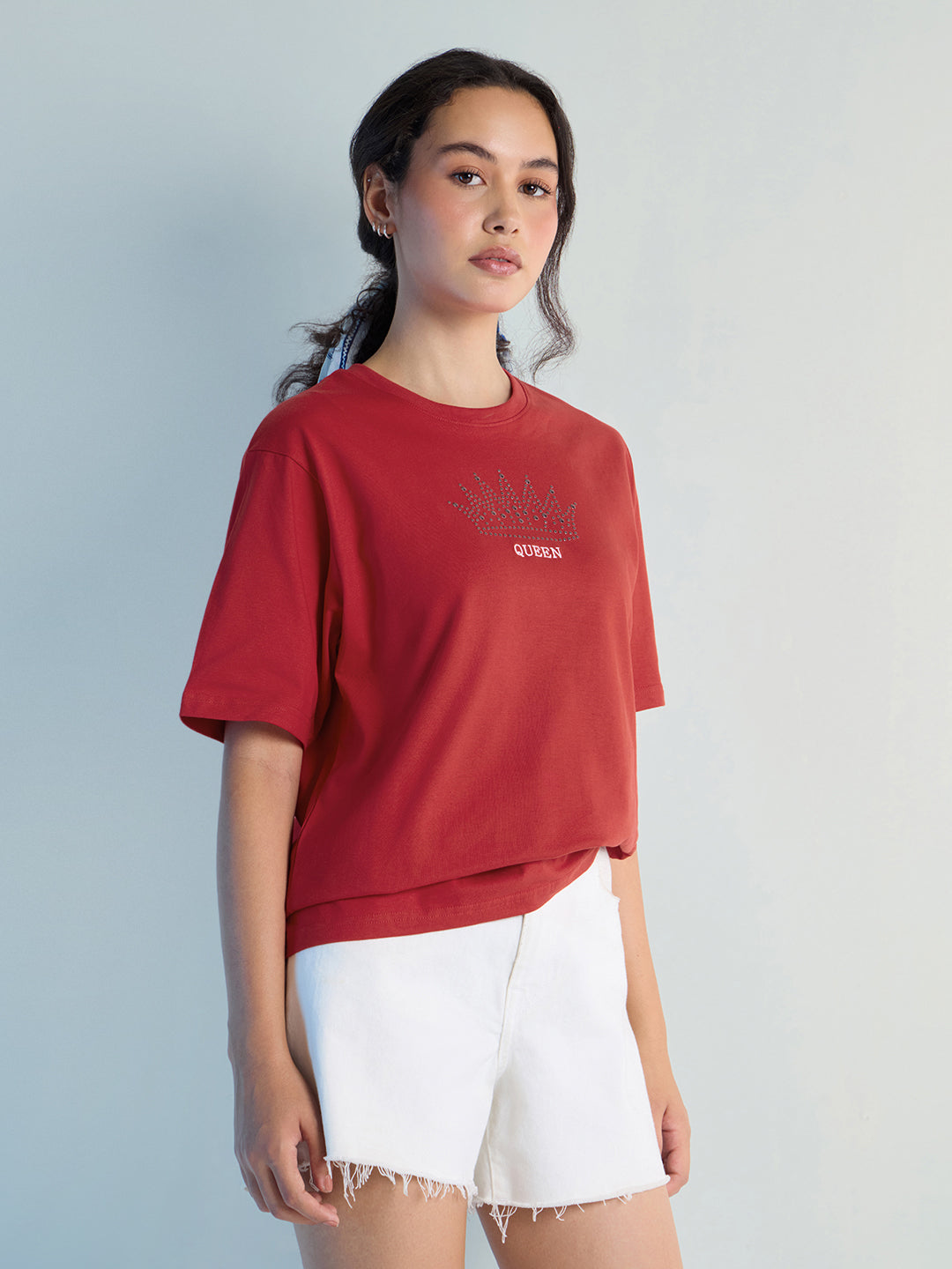 Womens Stud Detailed Oversized Round Neck Tshirt 