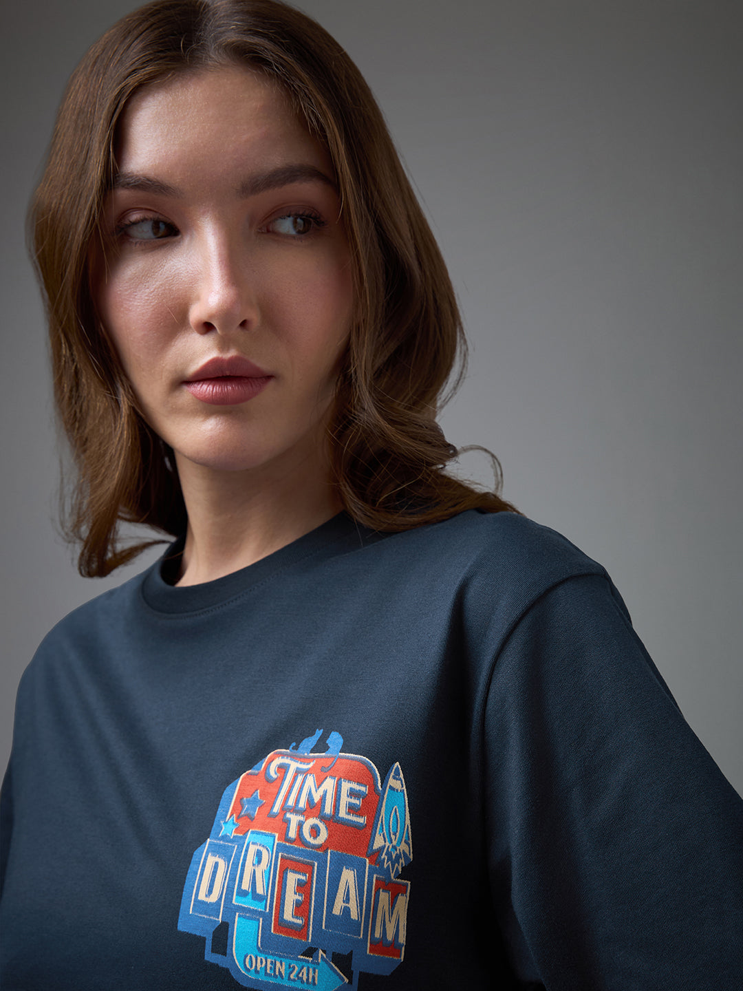 Womens Printed Round Neck Oversized Fit Tshirt