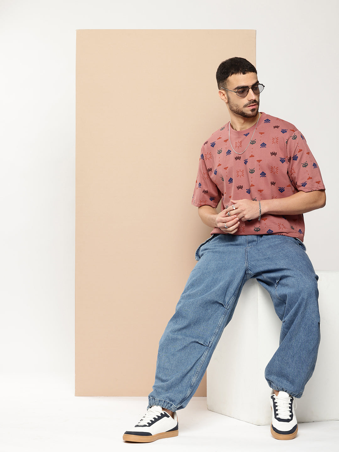 Mens Half Sleeve Round Neck All-Over Printed Oversized Fit Tshirts