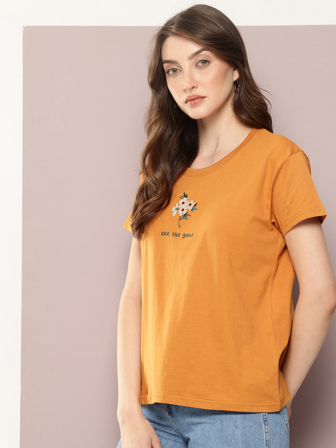 Womens Half Sleeve Round Neck Embroidered Boxy Fit Tshirts