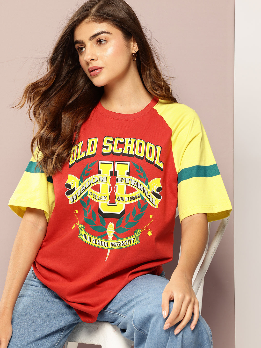 Womens Raglan Sleeve Printed Oversized Fit Tshirt
