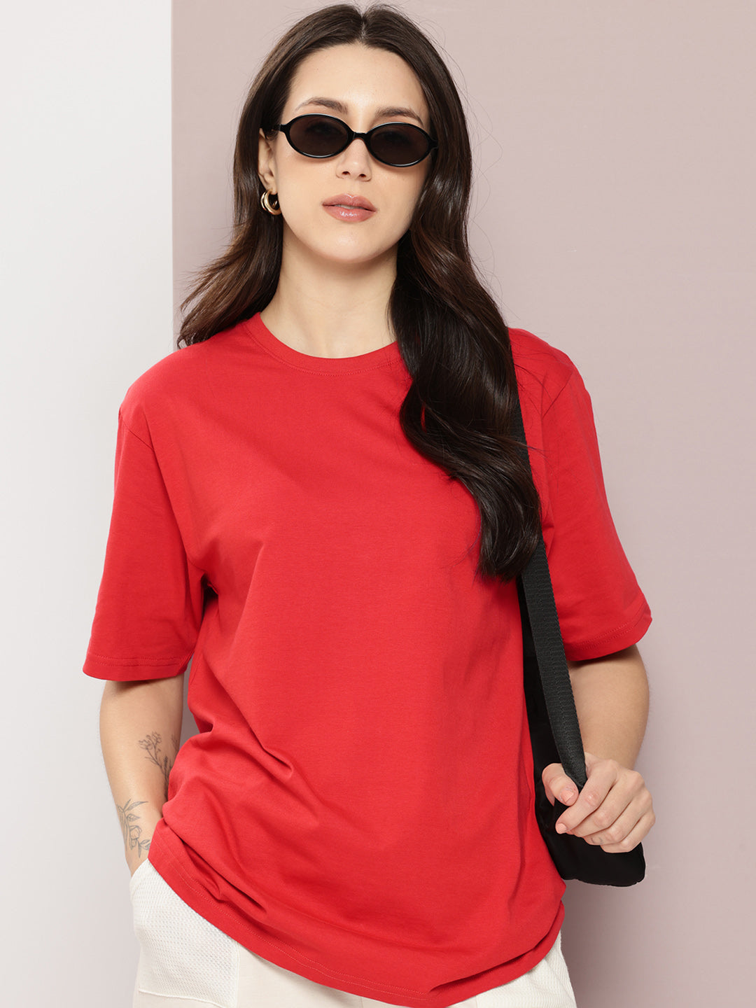 Womens Half Sleeve Round Neck Solid Oversized Fit Tshirts