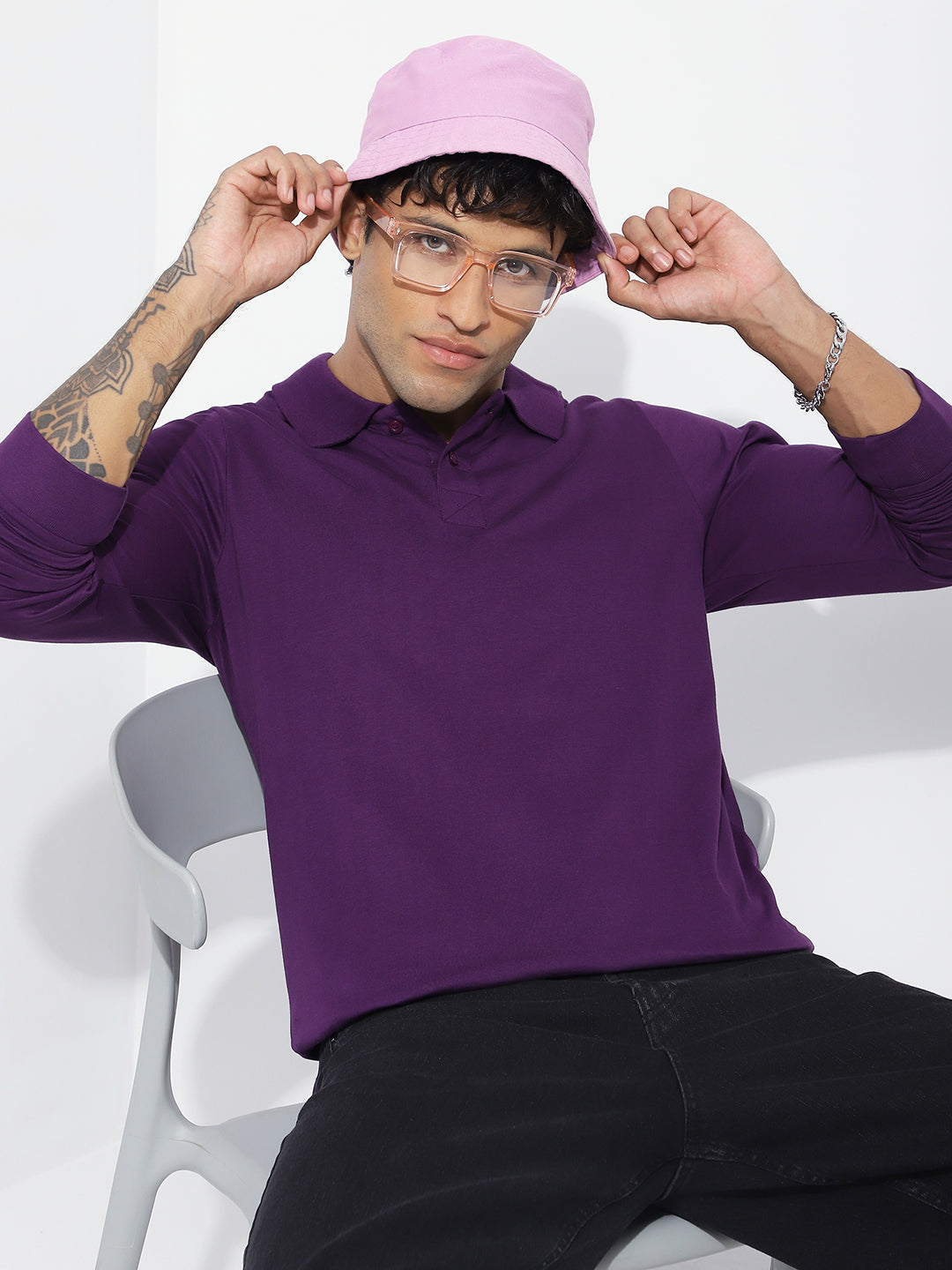 Mens Full Sleeve Polo Neck Solid Regular Fit Tshirts