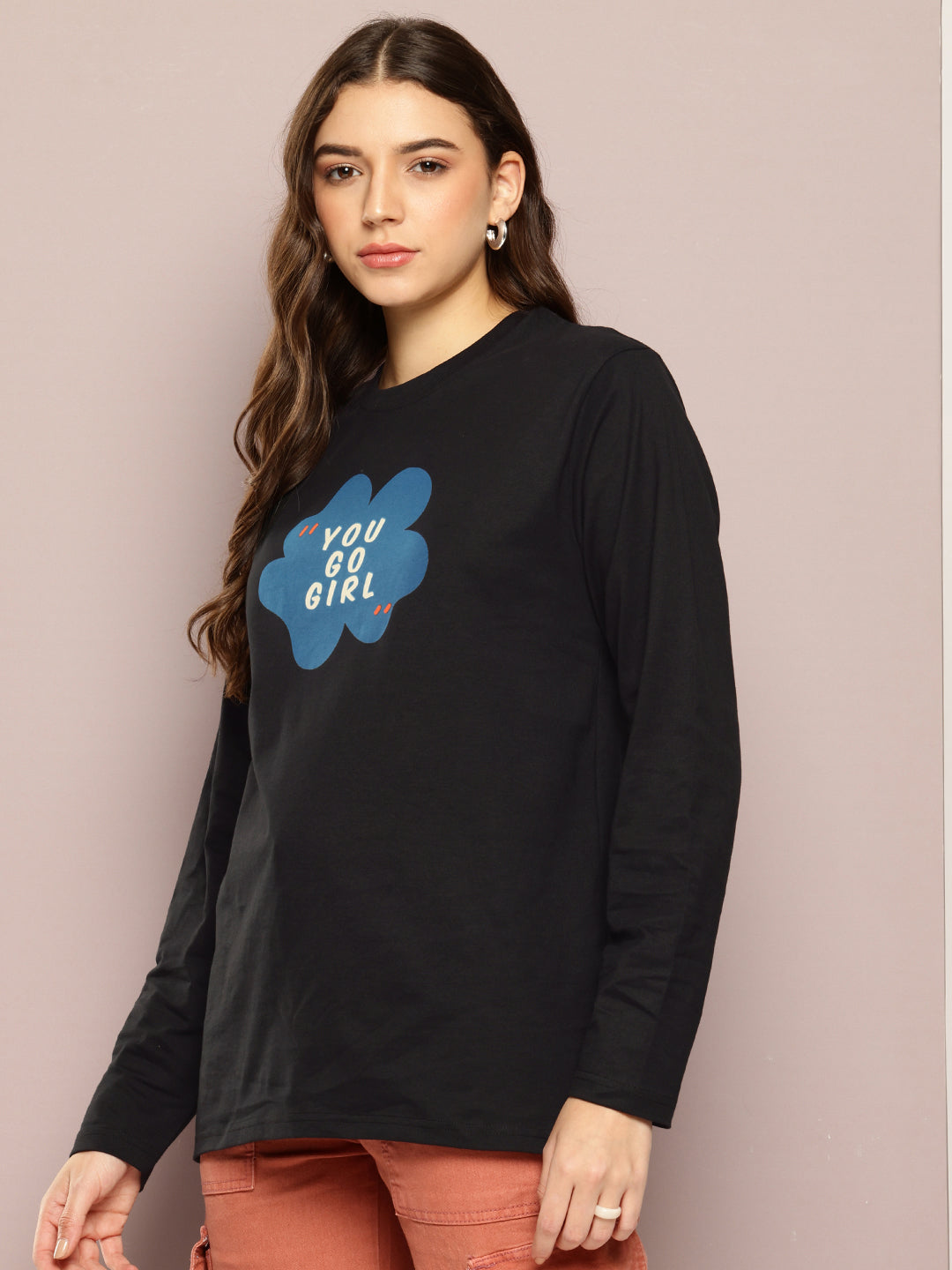 Womens Full Sleeve Round Neck Printed Oversized Fit Tshirts
