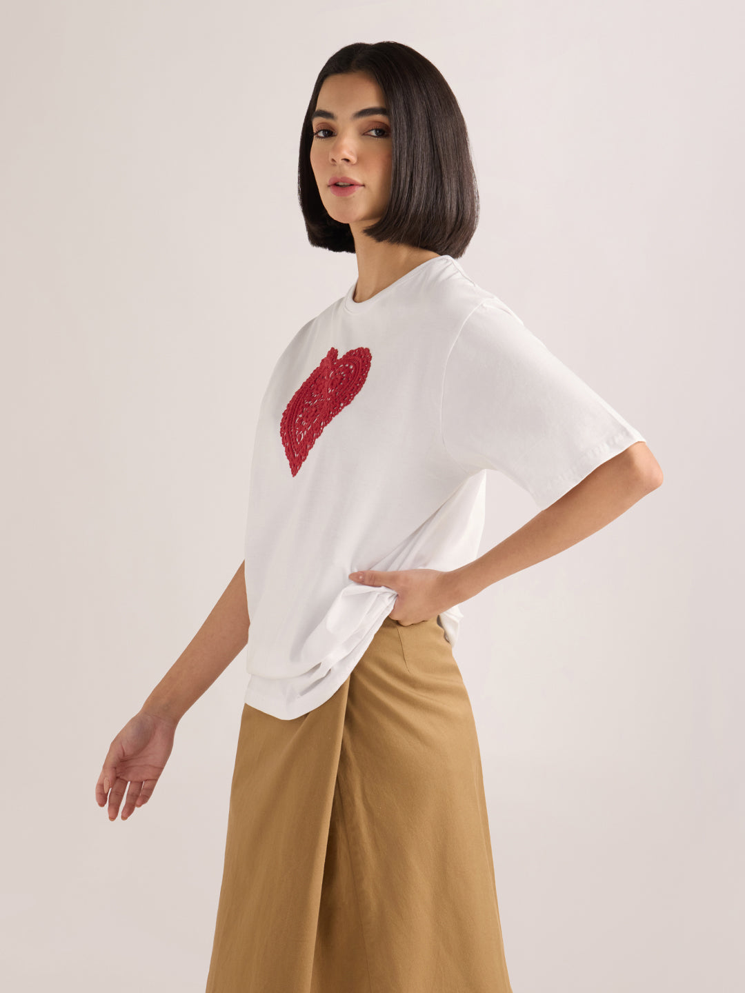 Womens Laces Detailed Oversized Round Neck Cotton Tshirt