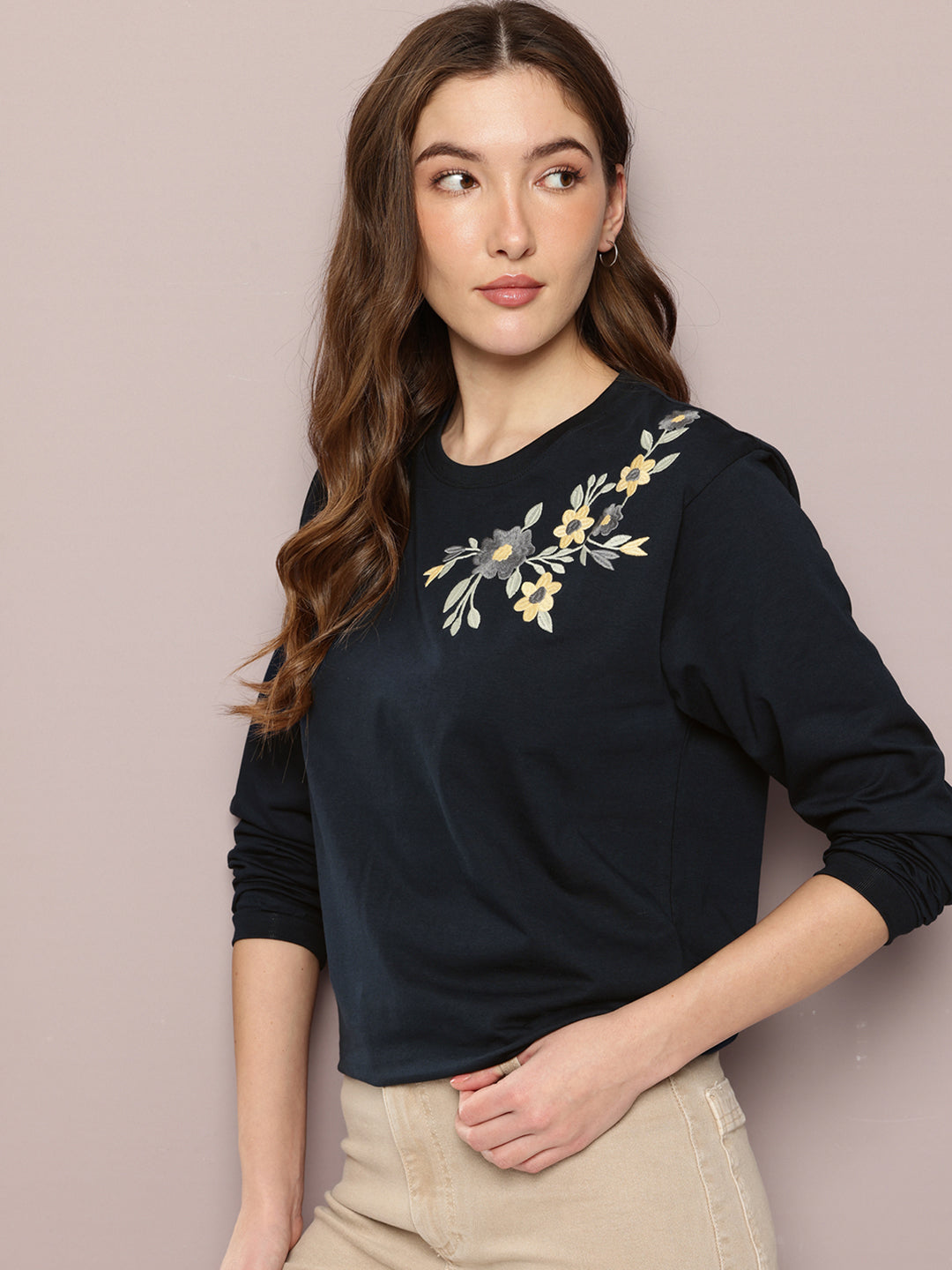 Womens Full Sleeve Round Neck Embroidered Oversized Fit Tshirts
