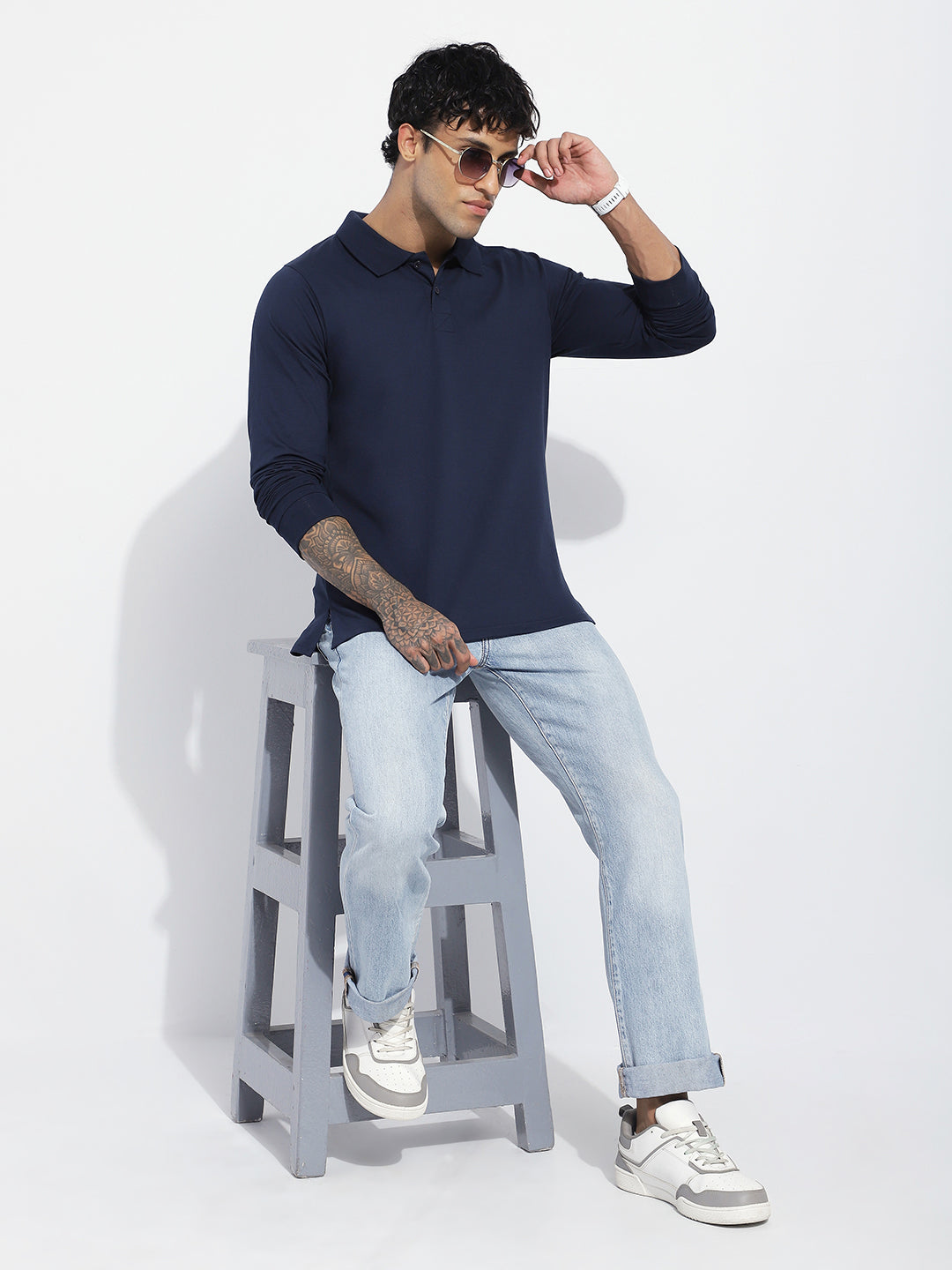 Mens Full Sleeve Polo Neck Solid Regular Fit Tshirts