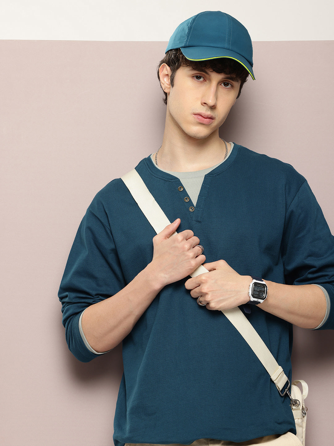 Mens Full Sleeve V-Neck Solid Oversized Fit Tshirts