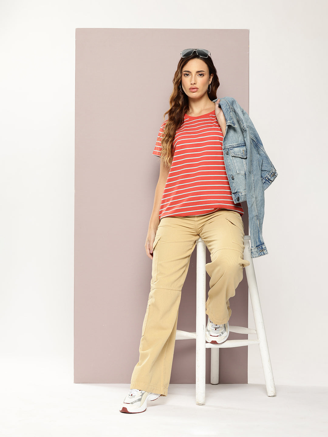 Womens Half Sleeve Round Neck All-Over Striped Boxy Fit Tshirts