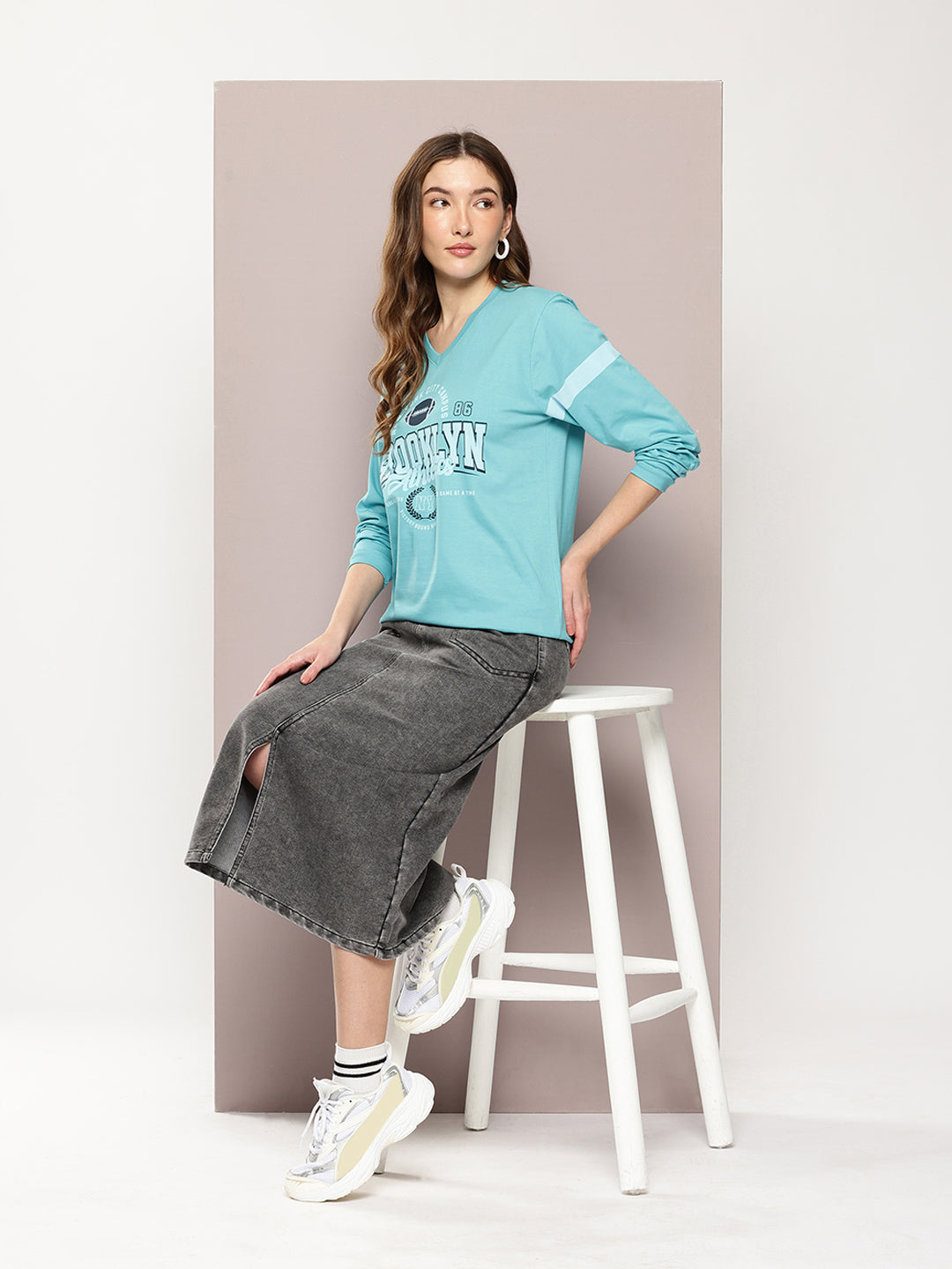 Womens Full Sleeve Round Neck Printed Oversized Fit Tshirts