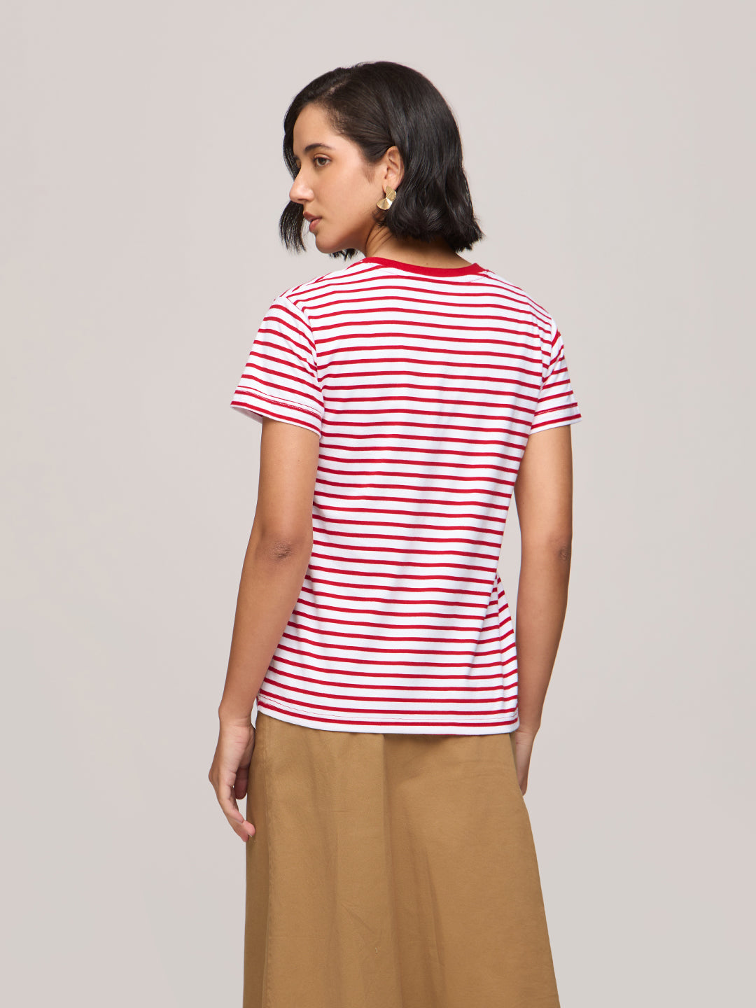 Womens Striped Regular Fit Cotton V-Neck T-Shirt