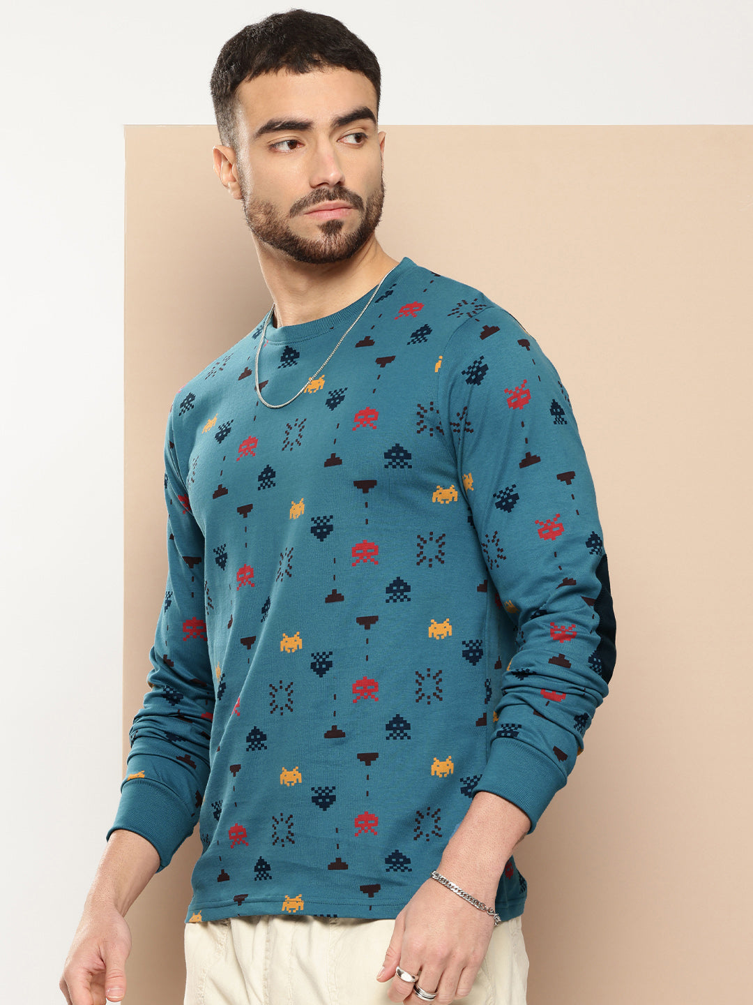Mens Full Sleeve Round Neck All-Over Printed Regular Fit Tshirts