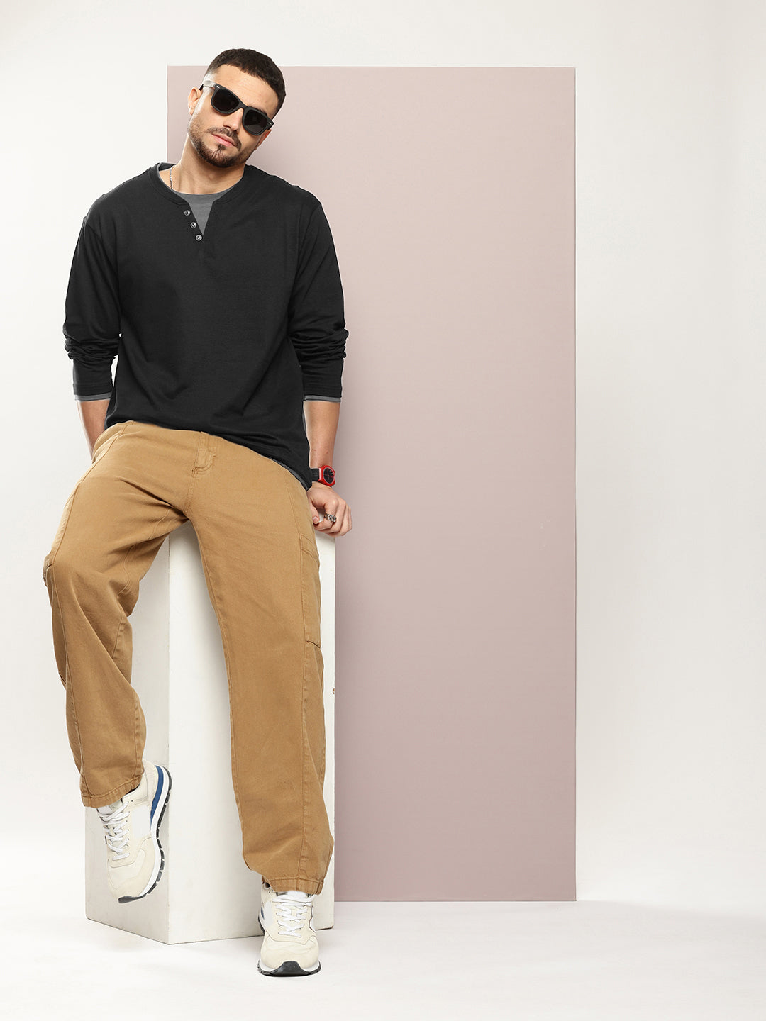 Mens Full Sleeve V-Neck Solid Oversized Fit Tshirts
