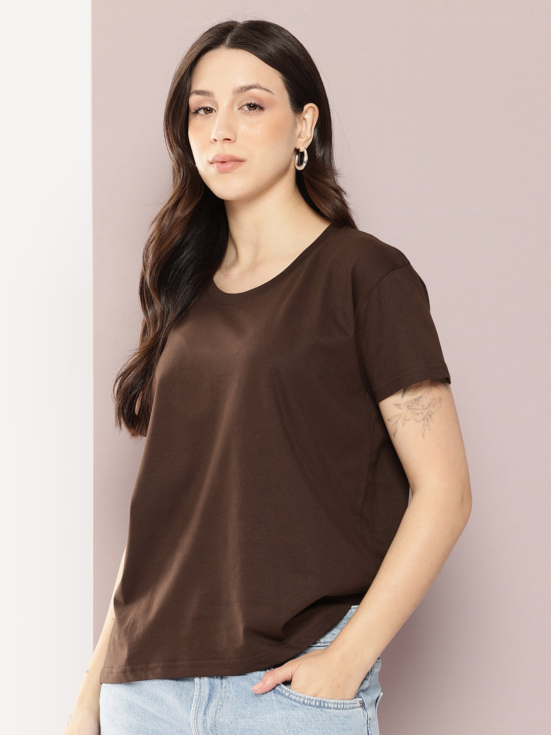 Womens Half Sleeve Round Neck Solid Boxy Fit Tshirts