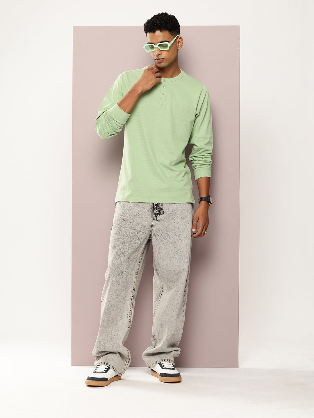 Mens Full Sleeve Henley Neck Solid Regular Fit Tshirts