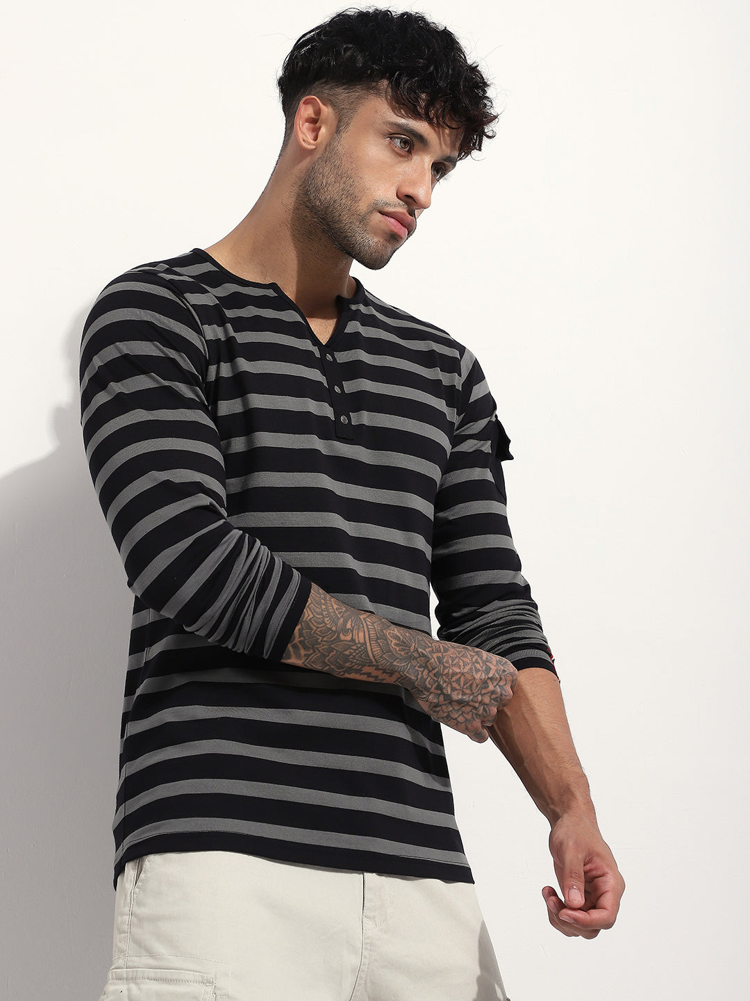 Mens Full Sleeve Henley Neck Striped Regular Fit Tshirts