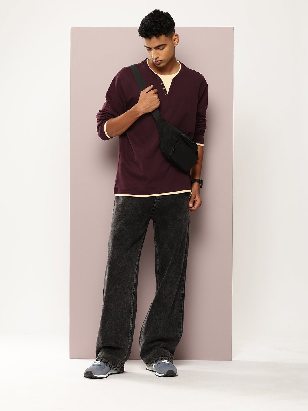 Mens Full Sleeve V-Neck Solid Oversized Fit Tshirts
