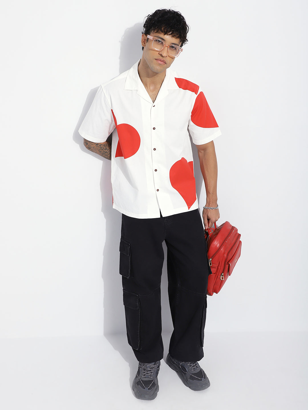Mens Boxy Regular Short Sleeve Printed White Shirt