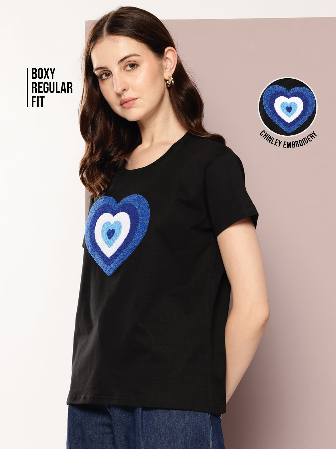 Womens Short Sleeve Embroidery Boxy Regular Fit Tshirt