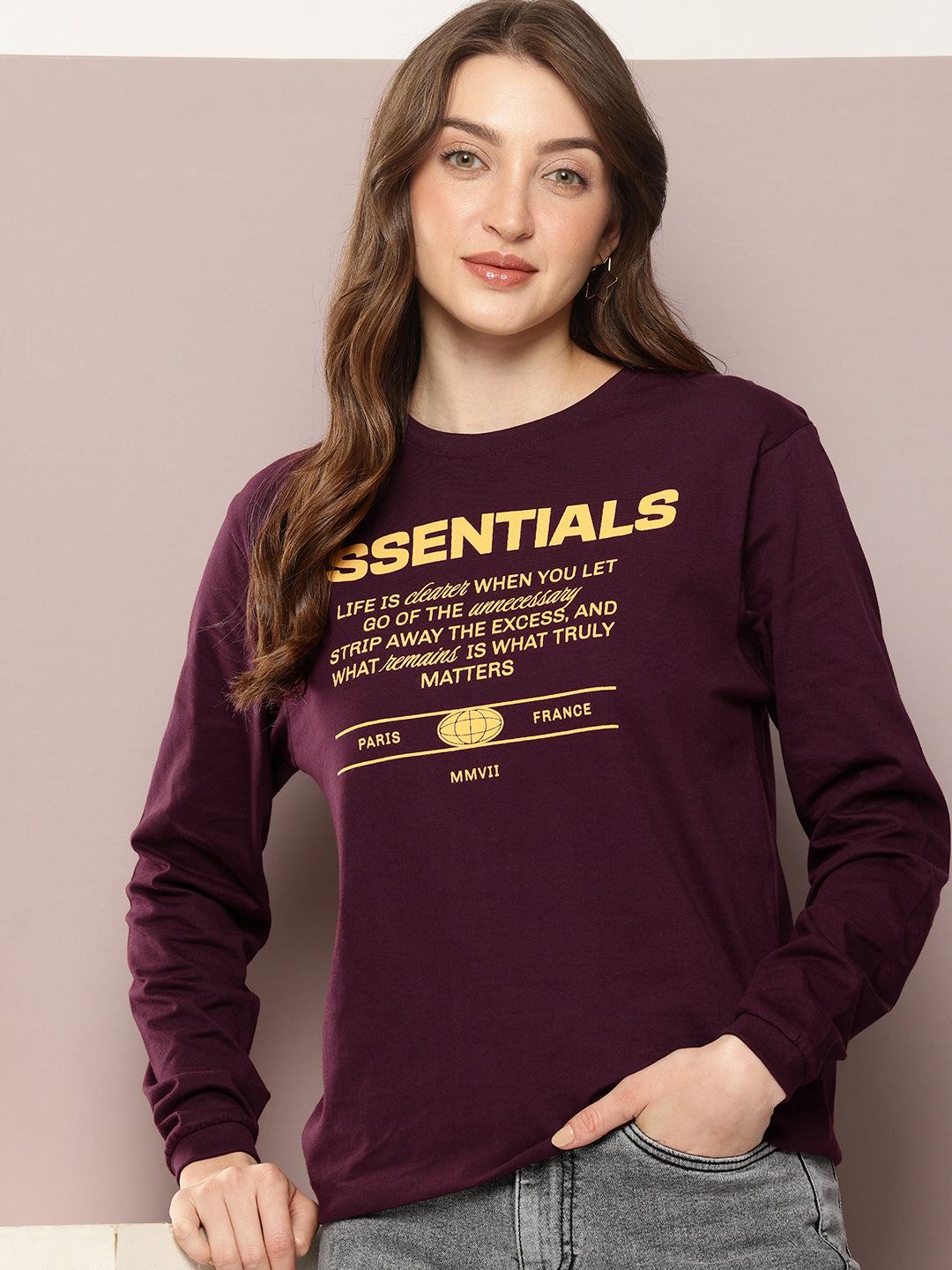Womens Full Sleeve Round Neck Printed Oversized Fit Tshirts
