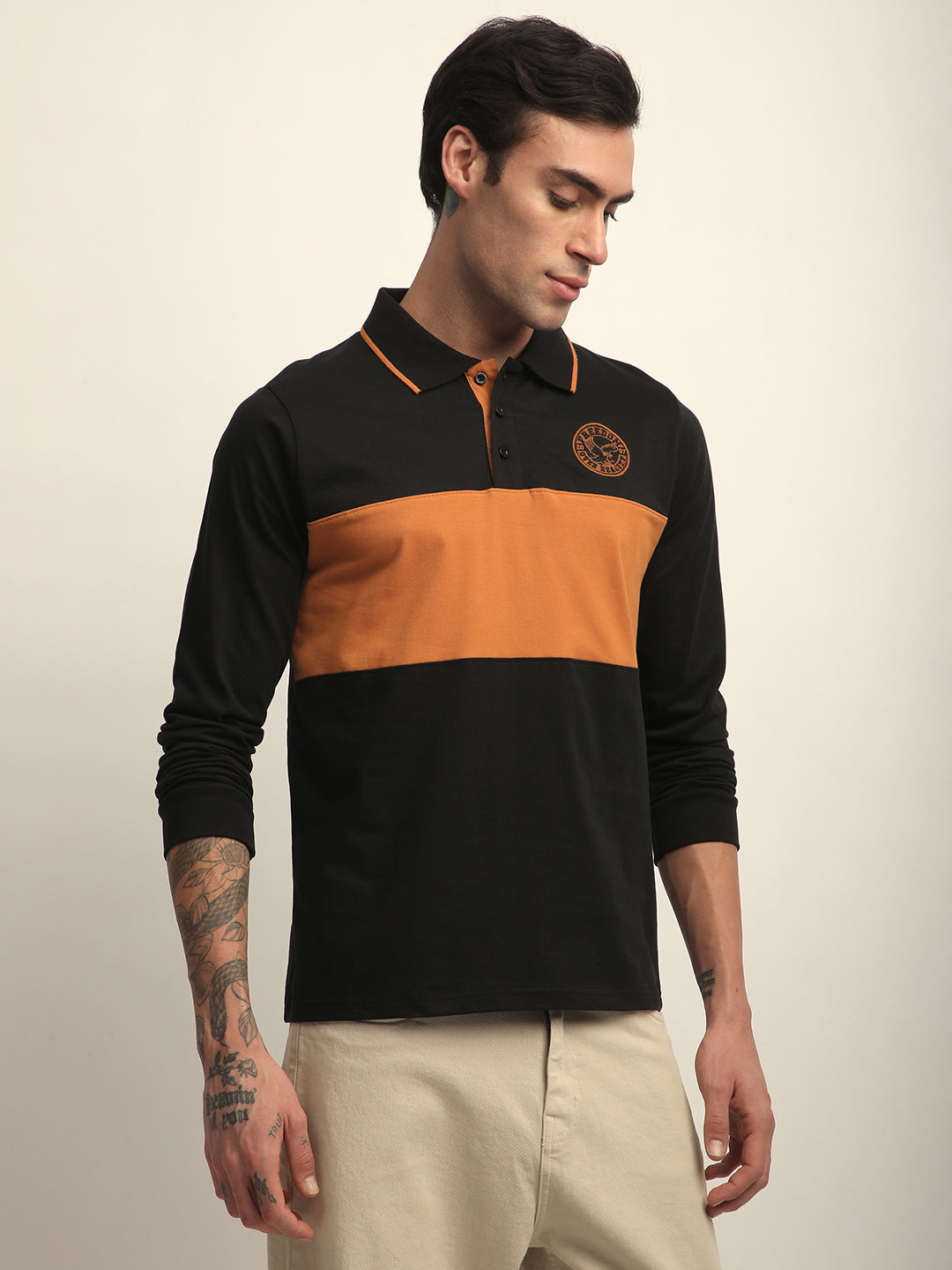 Mens Full Sleeve Polo Neck Self Design Regular Fit Tshirts