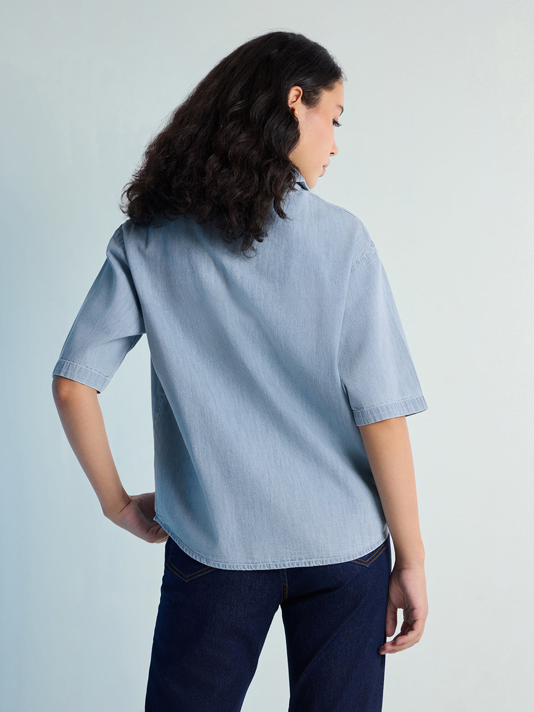 Womens Embroidery Boxy Regular Cuban Collar Neck Denim Shirt