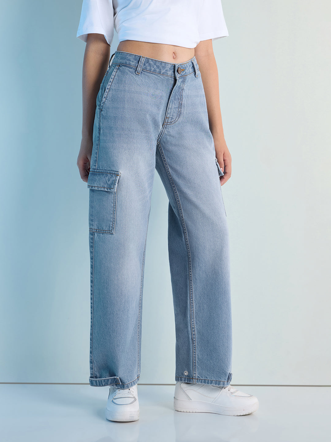 Womens Straight Fit Cargo Denim Jeans Pant