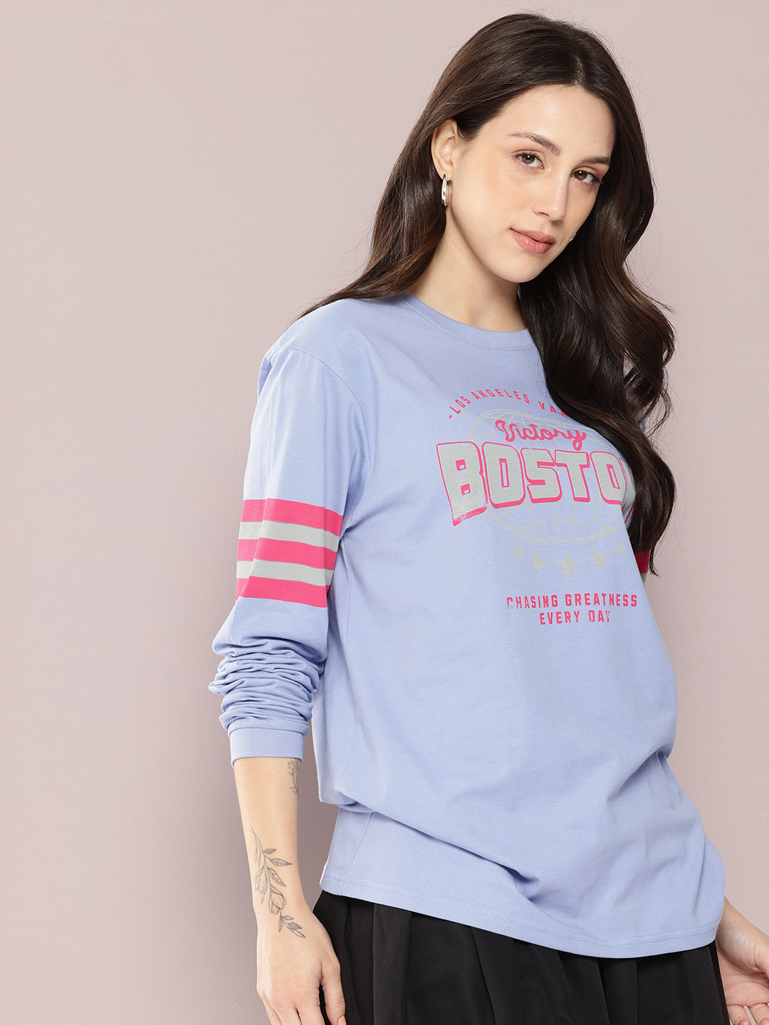 Womens Full Sleeve Round Neck Printed Oversized Fit Tshirts