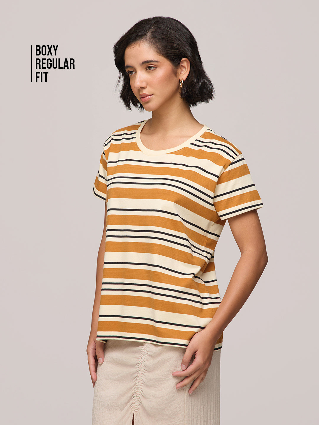 Womens Striped Boxy Regular Fit Cotton T-Shirt