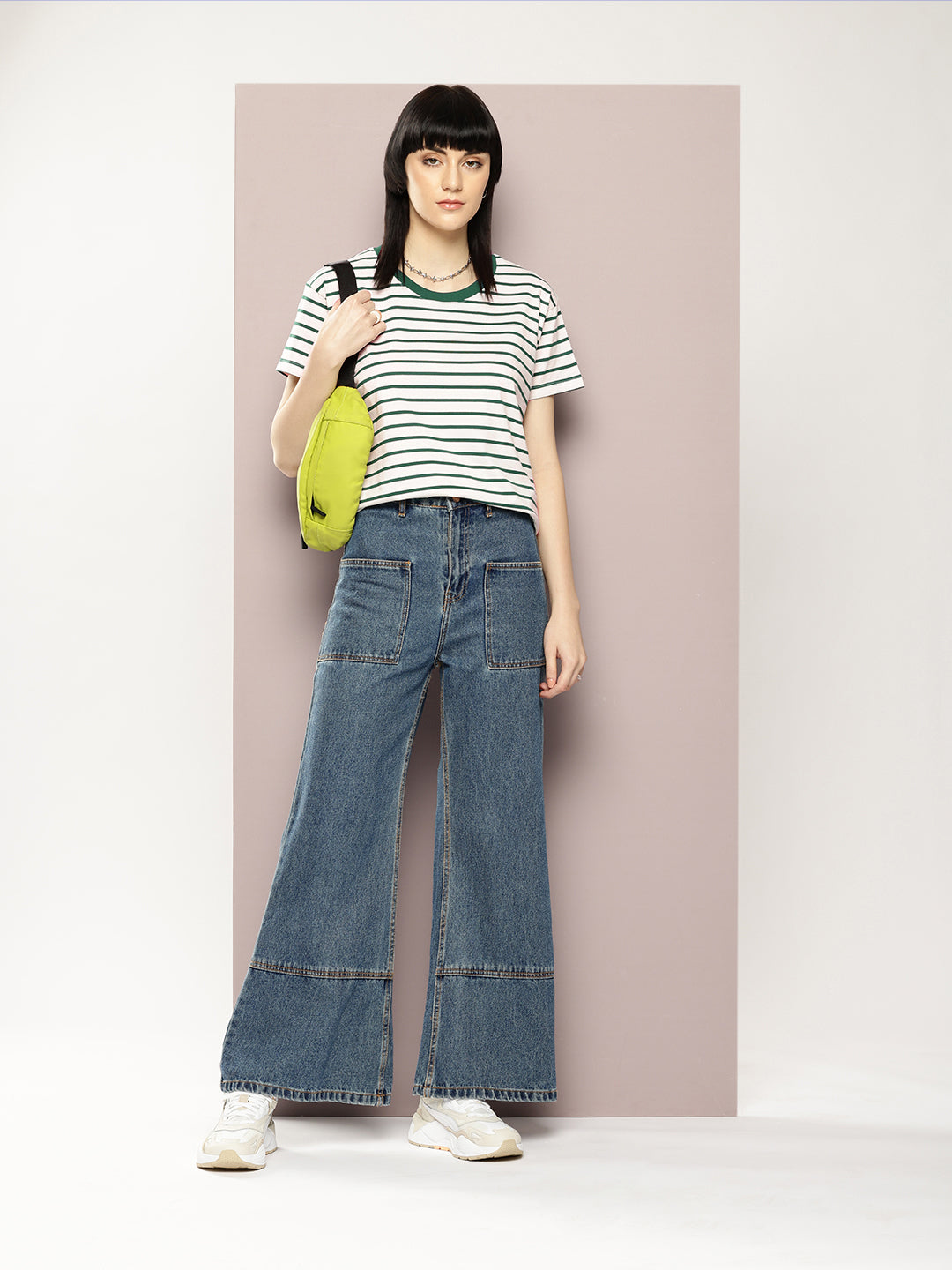 Womens Half Sleeve Round Neck Striped Boxy Fit Tshirts