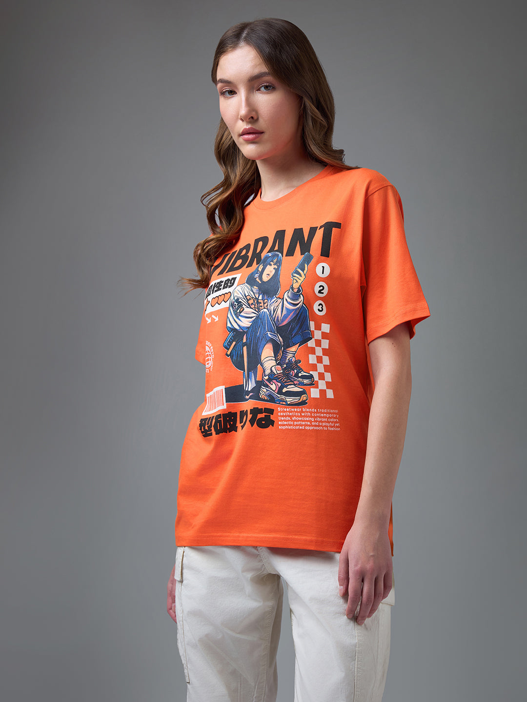 Womens Printed Round Neck Oversized Fit Tshirt