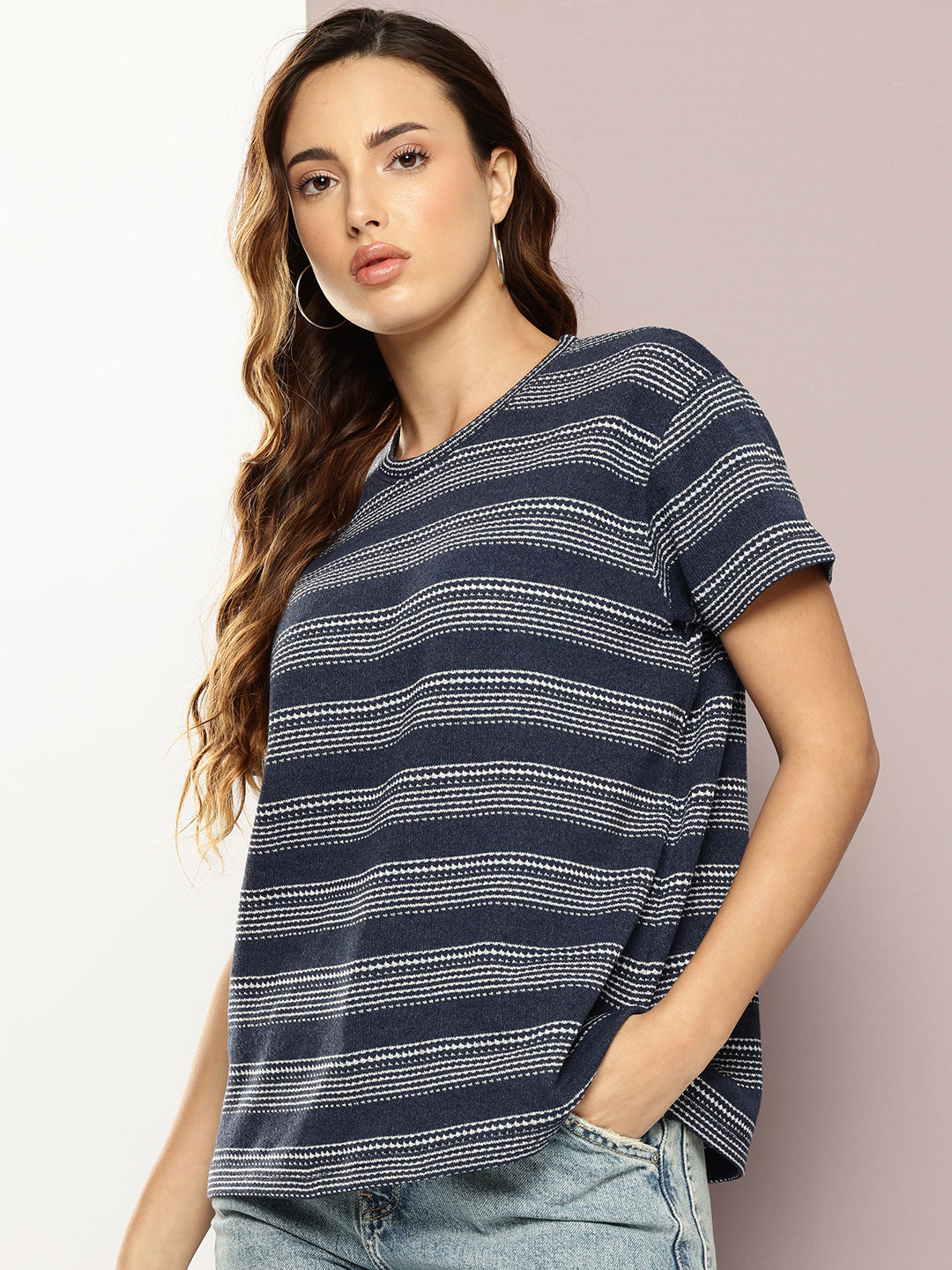 Womens Half Sleeve Round Neck All-Over Striped Boxy Fit Tshirts